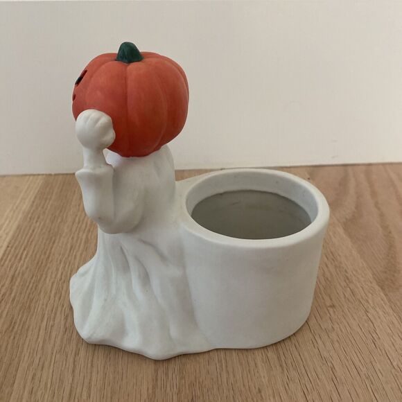 New Holland Floral Halloween Ghost Pumpkin Head Candle Holder Planter Ceramic - Picture 2 of 13